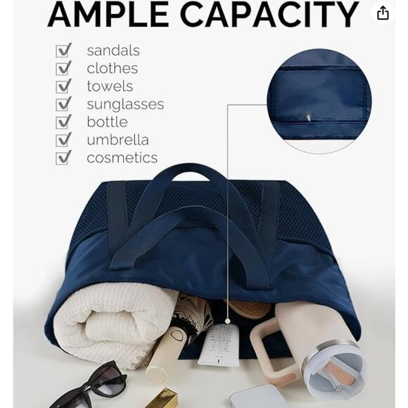 Beach Bag Large Waterproof Sandproof Foldable Tote with Zipper Mesh Pockets - Picture 3 of 5